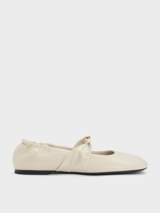 CHARLES & KEITH Great Value / Metallic-Accent Twist-Strap Mary Jane Flats - Chalk