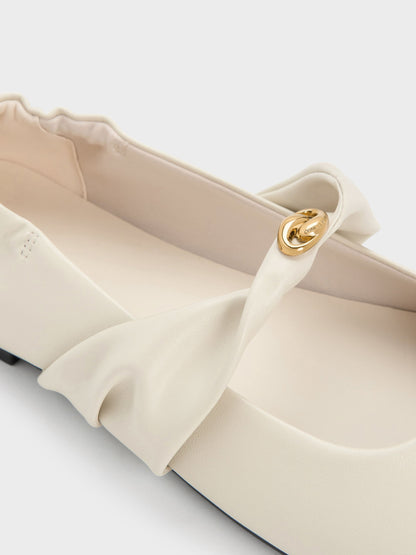 CHARLES & KEITH Great Value / Metallic-Accent Twist-Strap Mary Jane Flats - Chalk