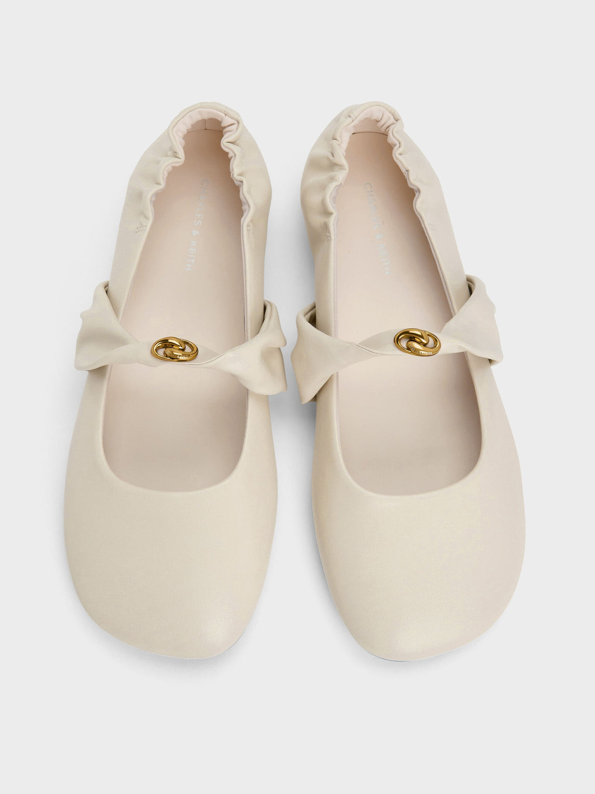 CHARLES & KEITH Great Value / Metallic-Accent Twist-Strap Mary Jane Flats - Chalk