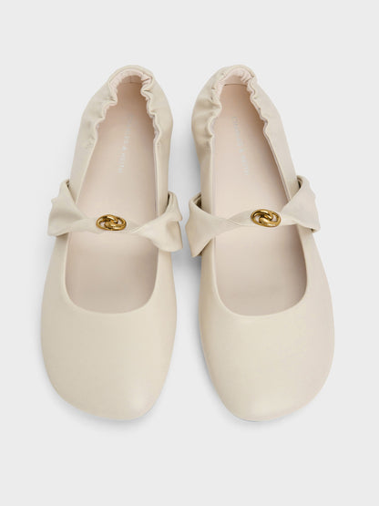 CHARLES & KEITH Great Value / Metallic-Accent Twist-Strap Mary Jane Flats - Chalk
