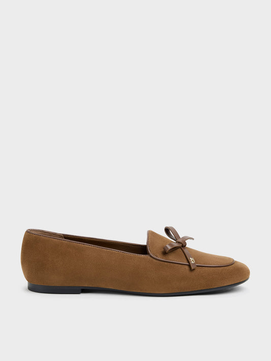 CHARLES & KEITH Best Seller / Leather & Suede Bow Loafers - Brown