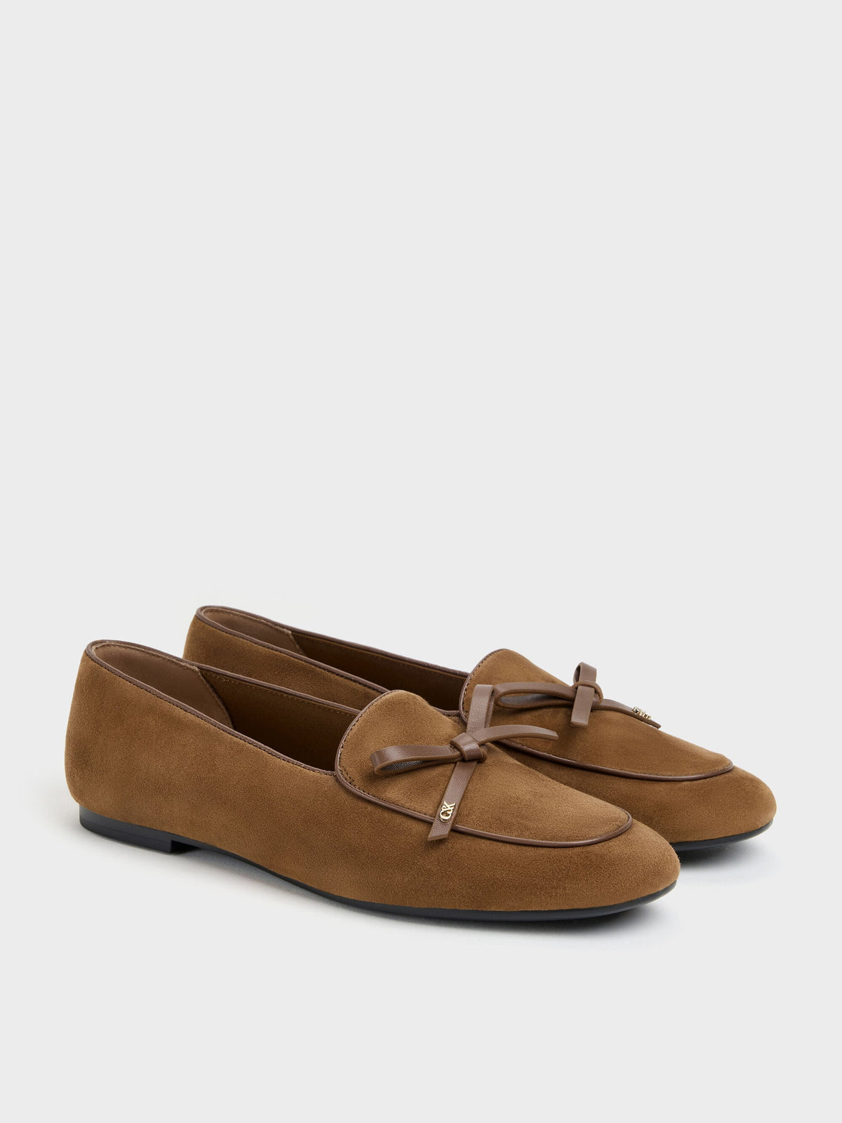 CHARLES & KEITH Best Seller / Leather & Suede Bow Loafers - Brown