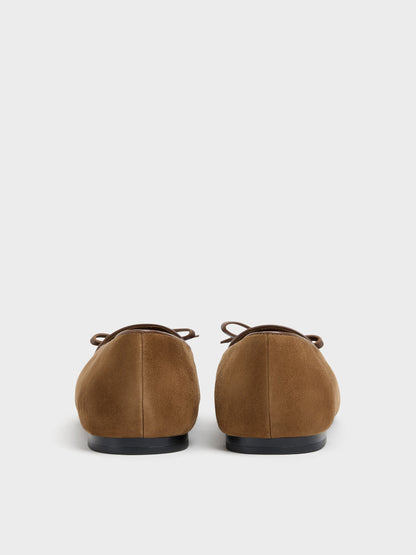CHARLES & KEITH Best Seller / Leather & Suede Bow Loafers - Brown