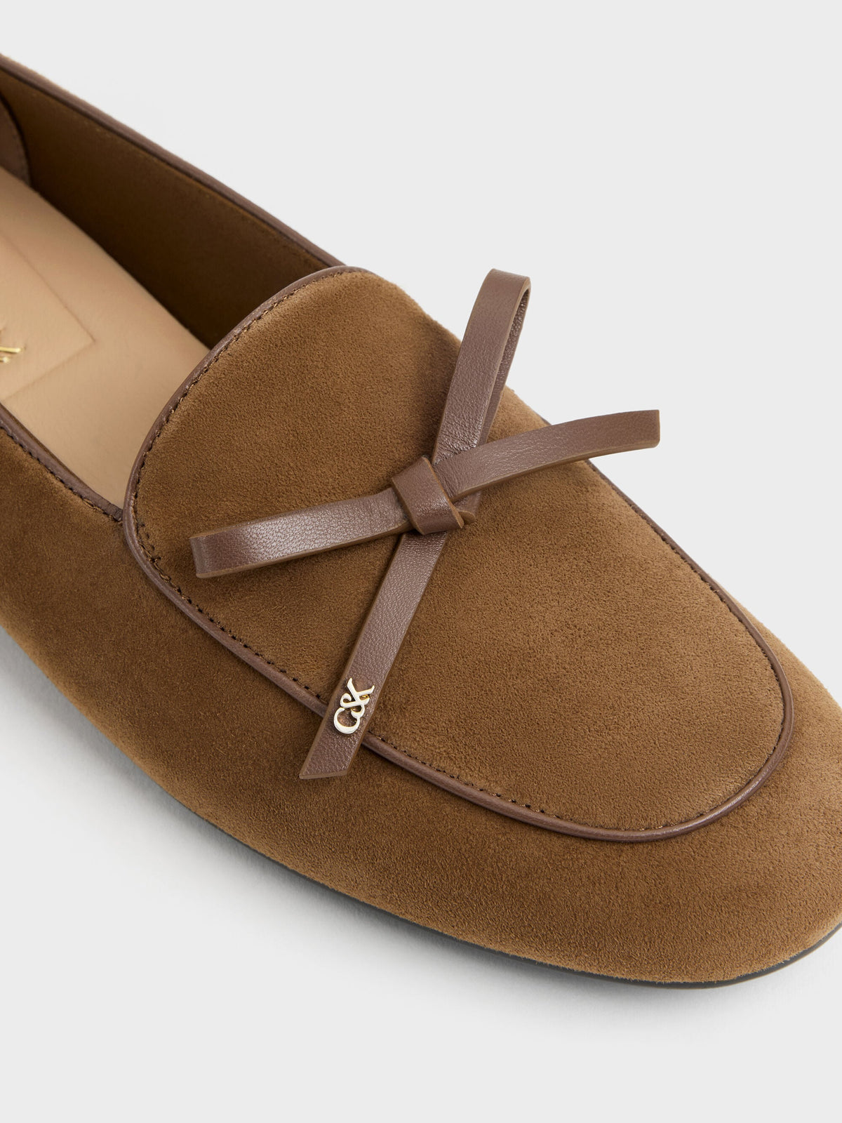 CHARLES & KEITH Best Seller / Leather & Suede Bow Loafers - Brown