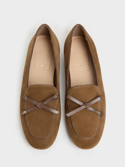 CHARLES & KEITH Best Seller / Leather & Suede Bow Loafers - Brown