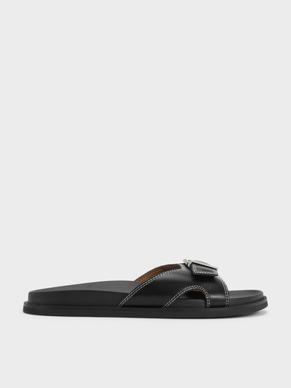 CHARLES & KEITH Discount / Stitch-Trim Buckled Slides - Black