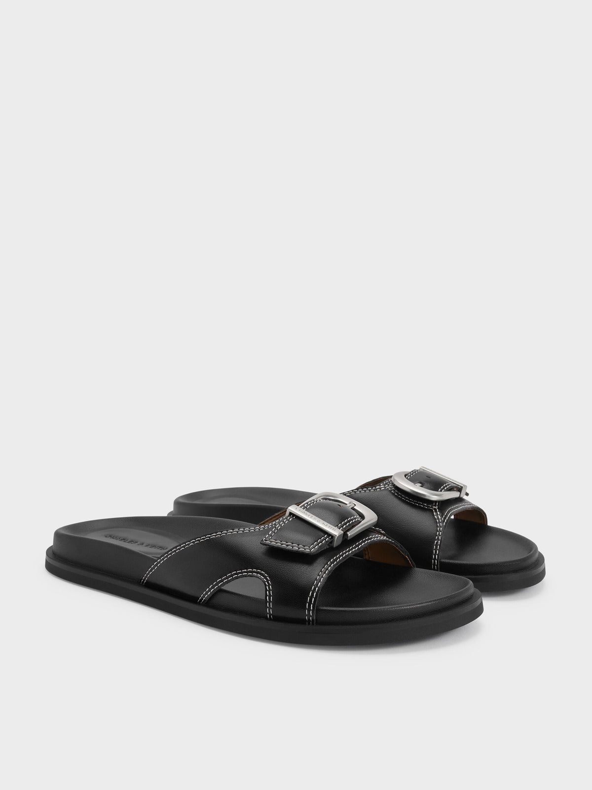 CHARLES & KEITH Discount / Stitch-Trim Buckled Slides - Black