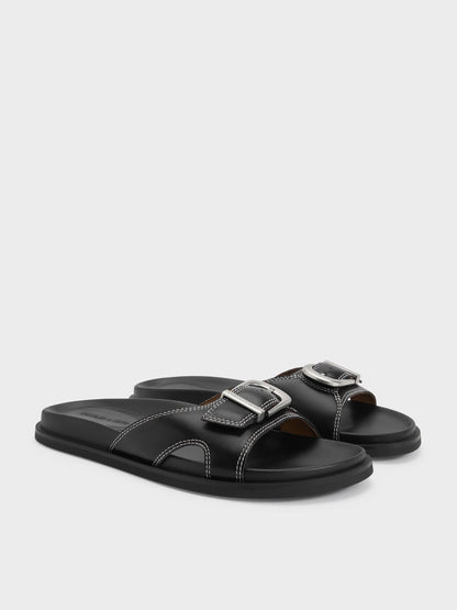CHARLES & KEITH Discount / Stitch-Trim Buckled Slides - Black