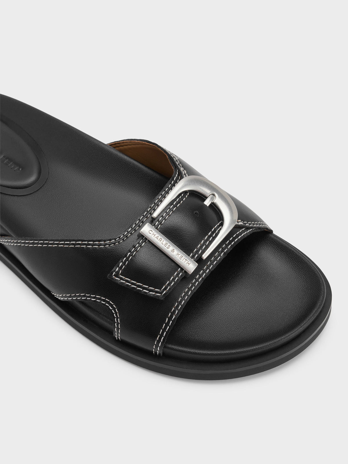 CHARLES & KEITH Discount / Stitch-Trim Buckled Slides - Black