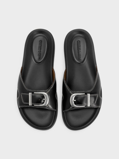 CHARLES & KEITH Discount / Stitch-Trim Buckled Slides - Black