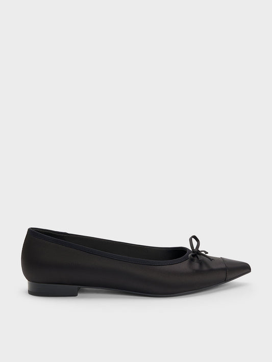 CHARLES & KEITH Customer Favorite / Briella Satin Cap-Toe Flats - Black Textured