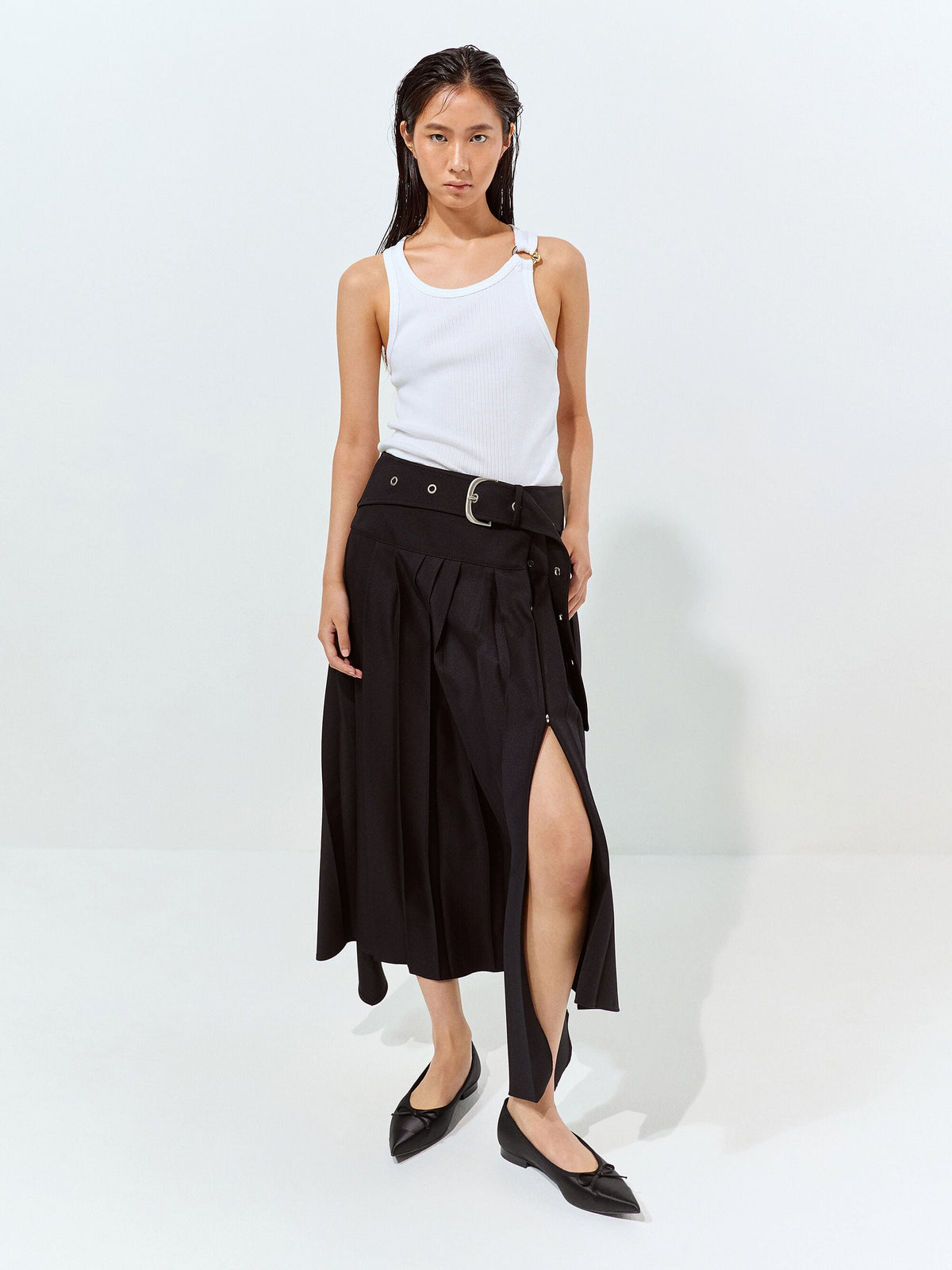 CHARLES & KEITH Customer Favorite / Briella Satin Cap-Toe Flats - Black Textured