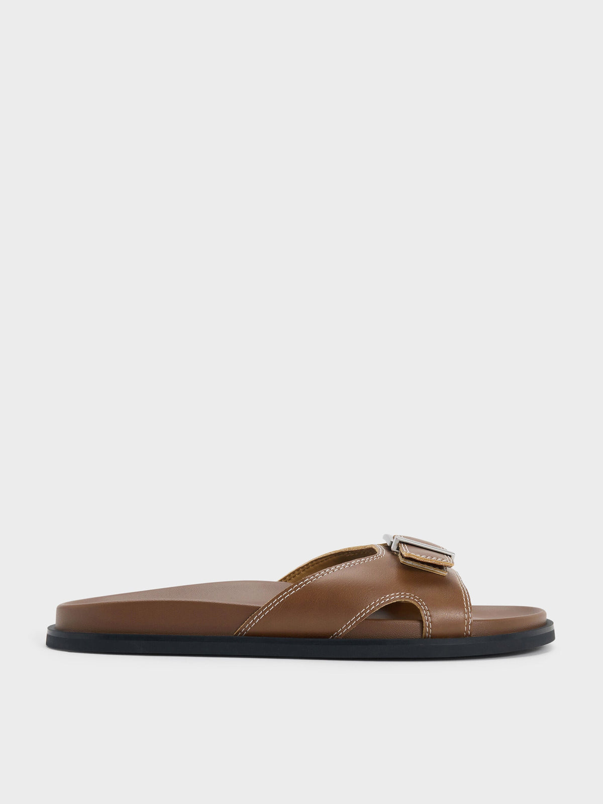 CHARLES & KEITH Classic / Stitch-Trim Buckled Slides - Cognac