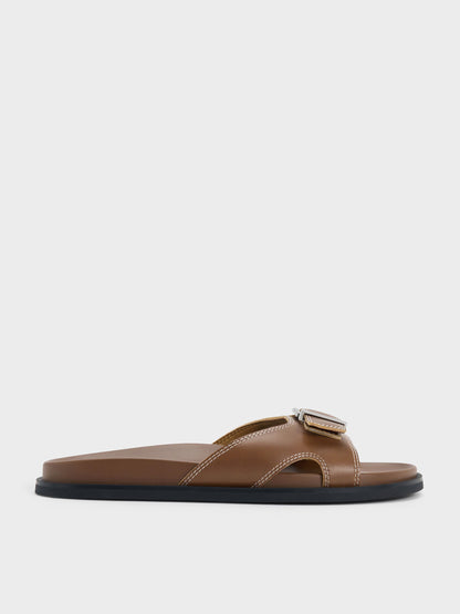 CHARLES & KEITH Classic / Stitch-Trim Buckled Slides - Cognac