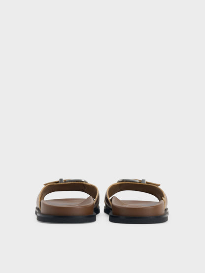 CHARLES & KEITH Classic / Stitch-Trim Buckled Slides - Cognac