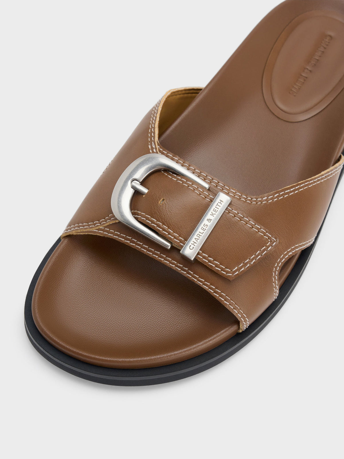 CHARLES & KEITH Classic / Stitch-Trim Buckled Slides - Cognac