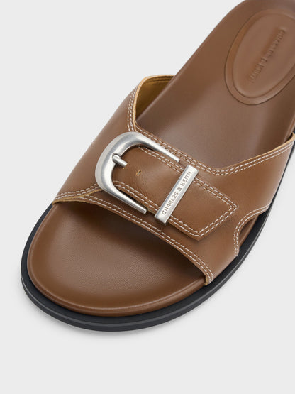 CHARLES & KEITH Classic / Stitch-Trim Buckled Slides - Cognac