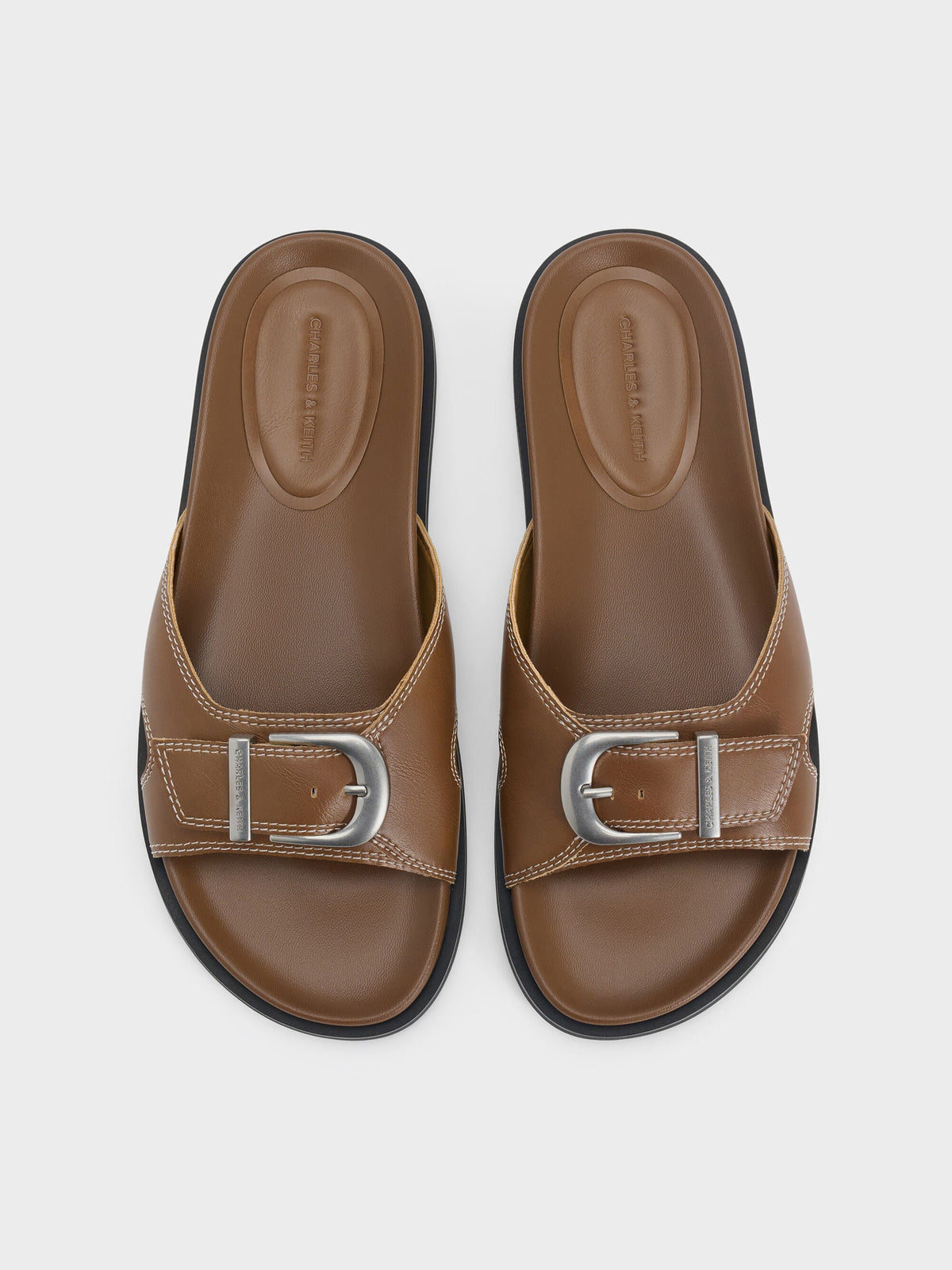 CHARLES & KEITH Classic / Stitch-Trim Buckled Slides - Cognac