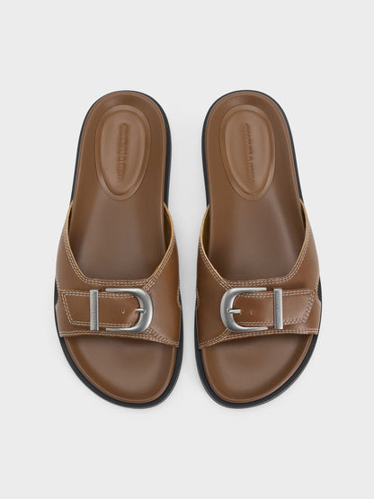CHARLES & KEITH Classic / Stitch-Trim Buckled Slides - Cognac