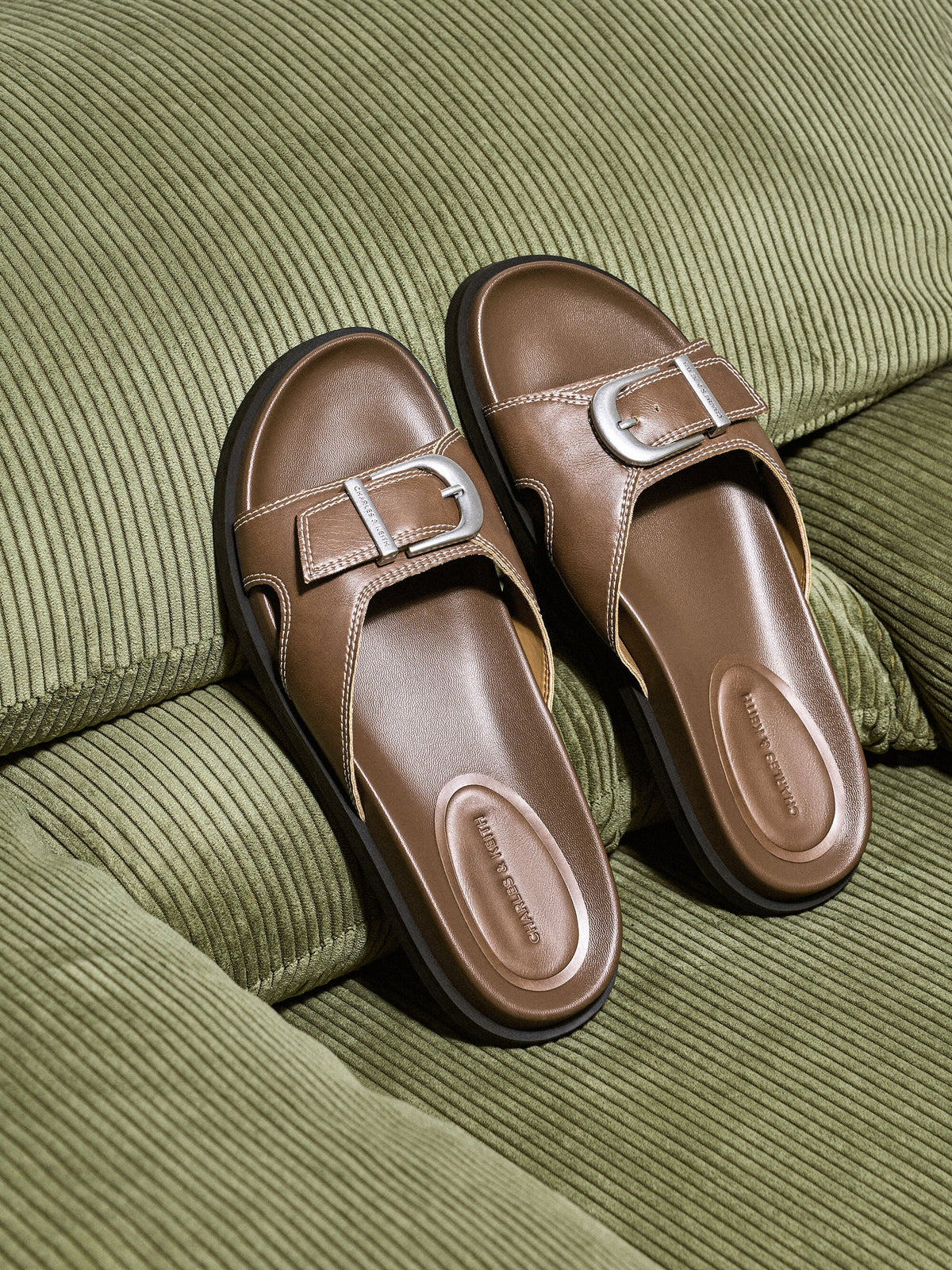 CHARLES & KEITH Classic / Stitch-Trim Buckled Slides - Cognac