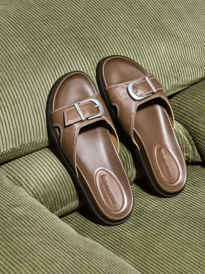 CHARLES & KEITH Classic / Stitch-Trim Buckled Slides - Cognac