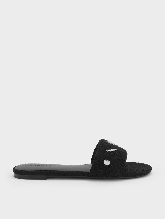 CHARLES & KEITH Special Offer / Tweed Beach Slide Sandals - Black Textured