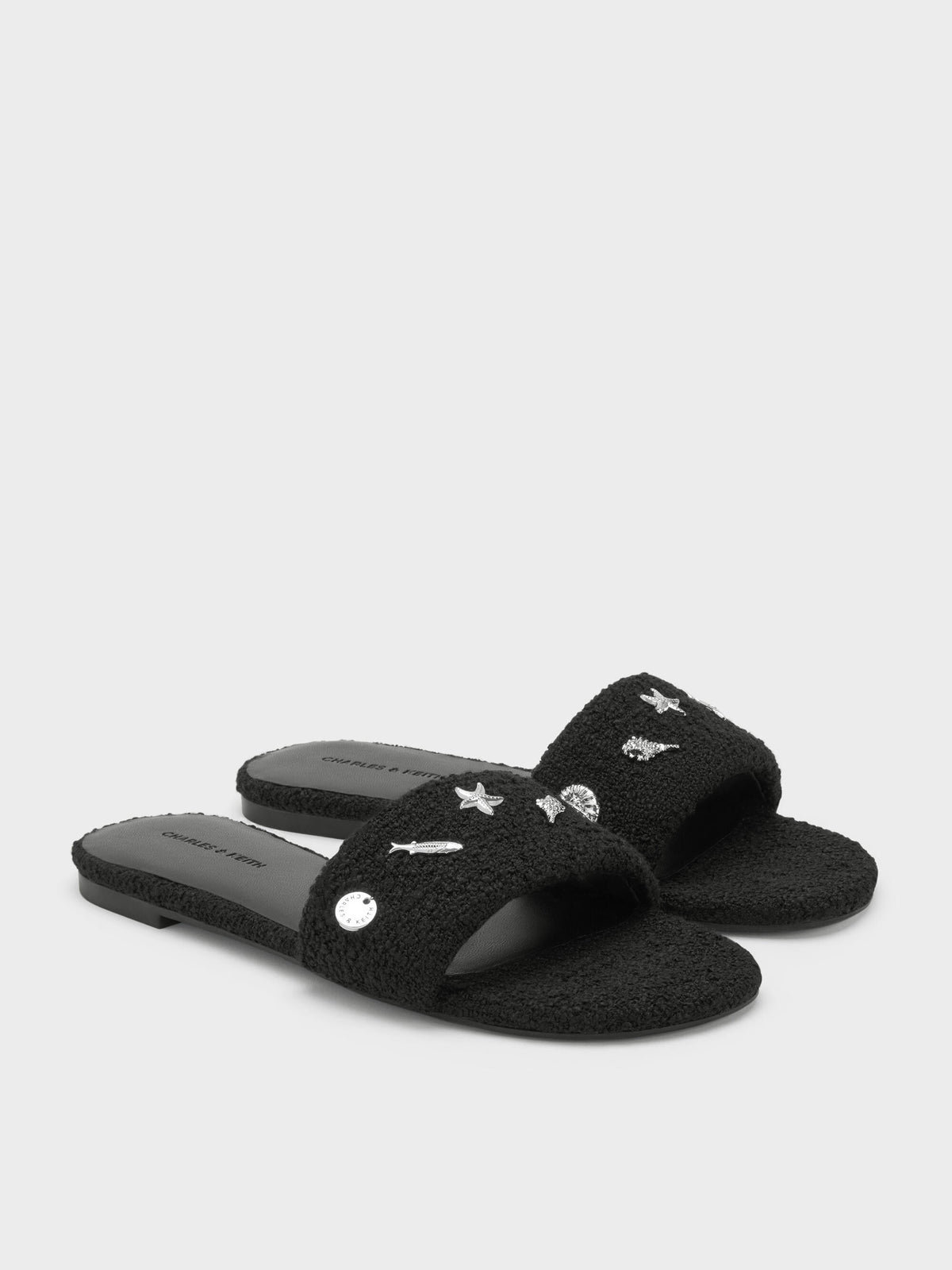 CHARLES & KEITH Special Offer / Tweed Beach Slide Sandals - Black Textured