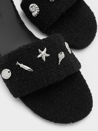 CHARLES & KEITH Special Offer / Tweed Beach Slide Sandals - Black Textured