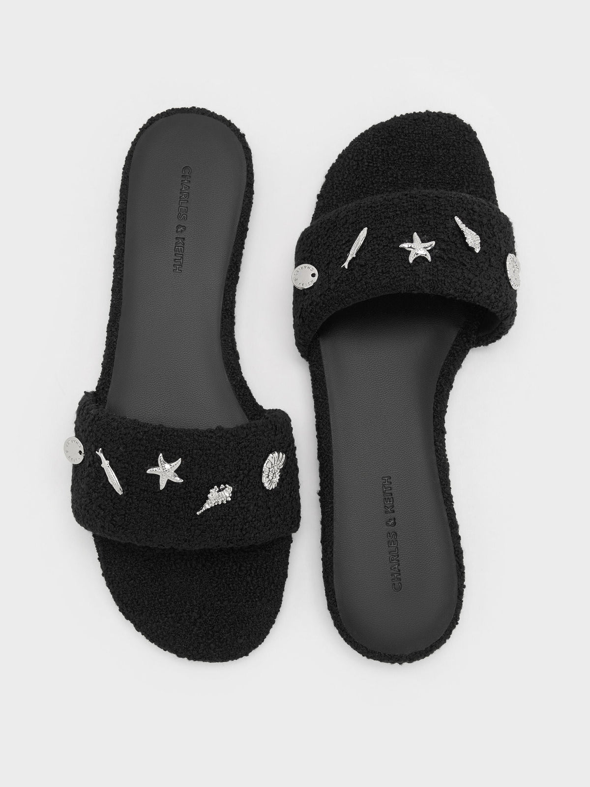 CHARLES & KEITH Special Offer / Tweed Beach Slide Sandals - Black Textured