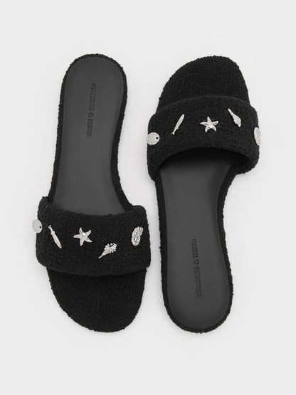CHARLES & KEITH Special Offer / Tweed Beach Slide Sandals - Black Textured