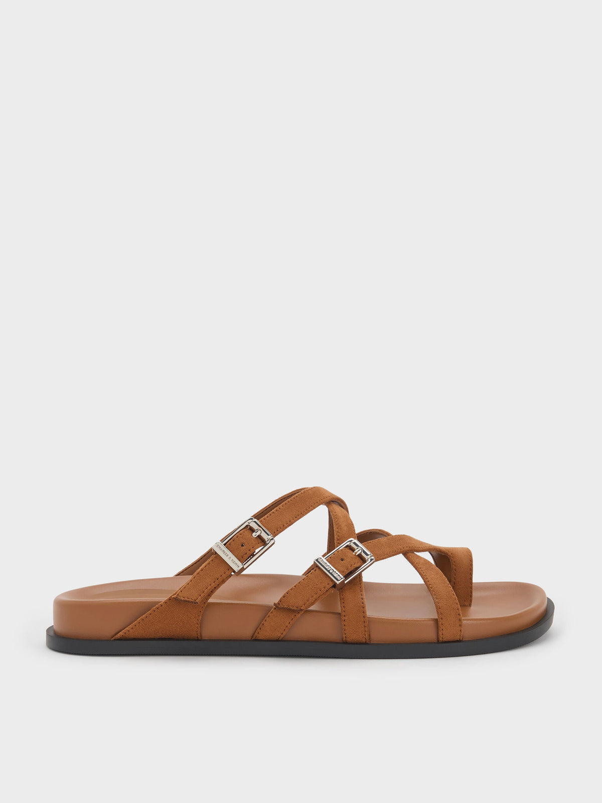 CHARLES & KEITH New / Faux Suede Crossover Toe-Ring Sandals - Cognac