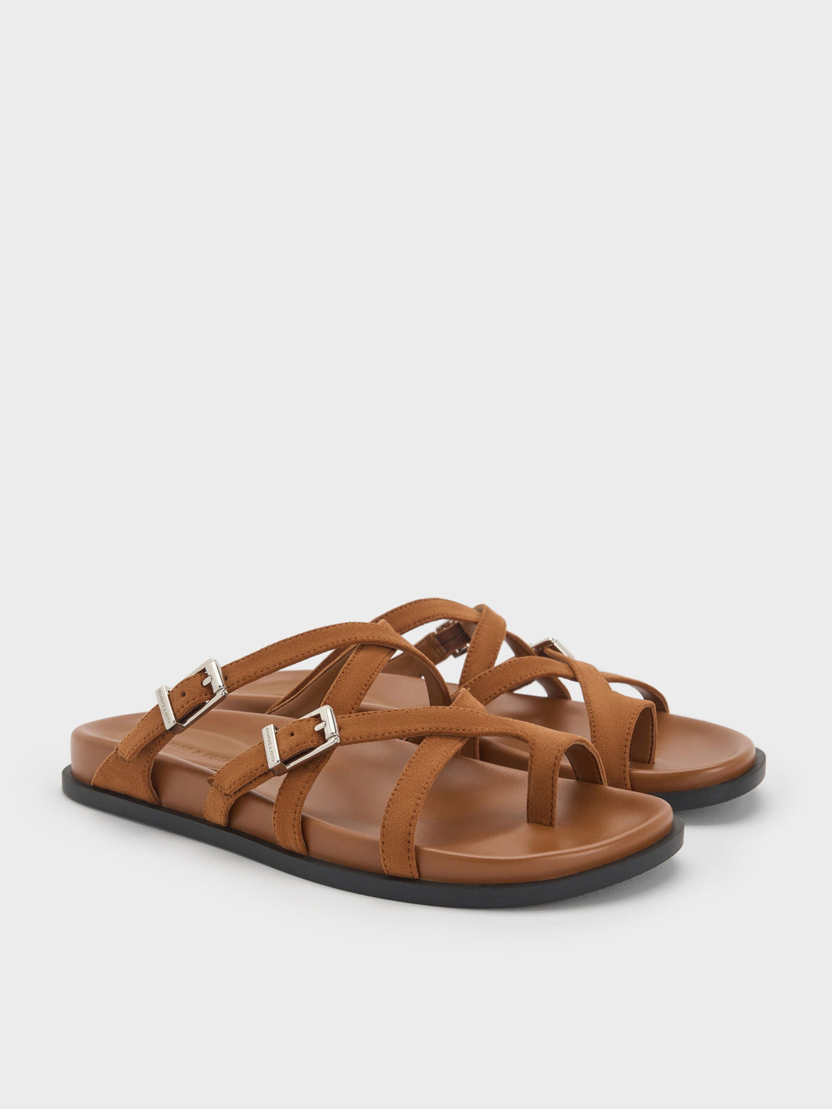 CHARLES & KEITH New / Faux Suede Crossover Toe-Ring Sandals - Cognac
