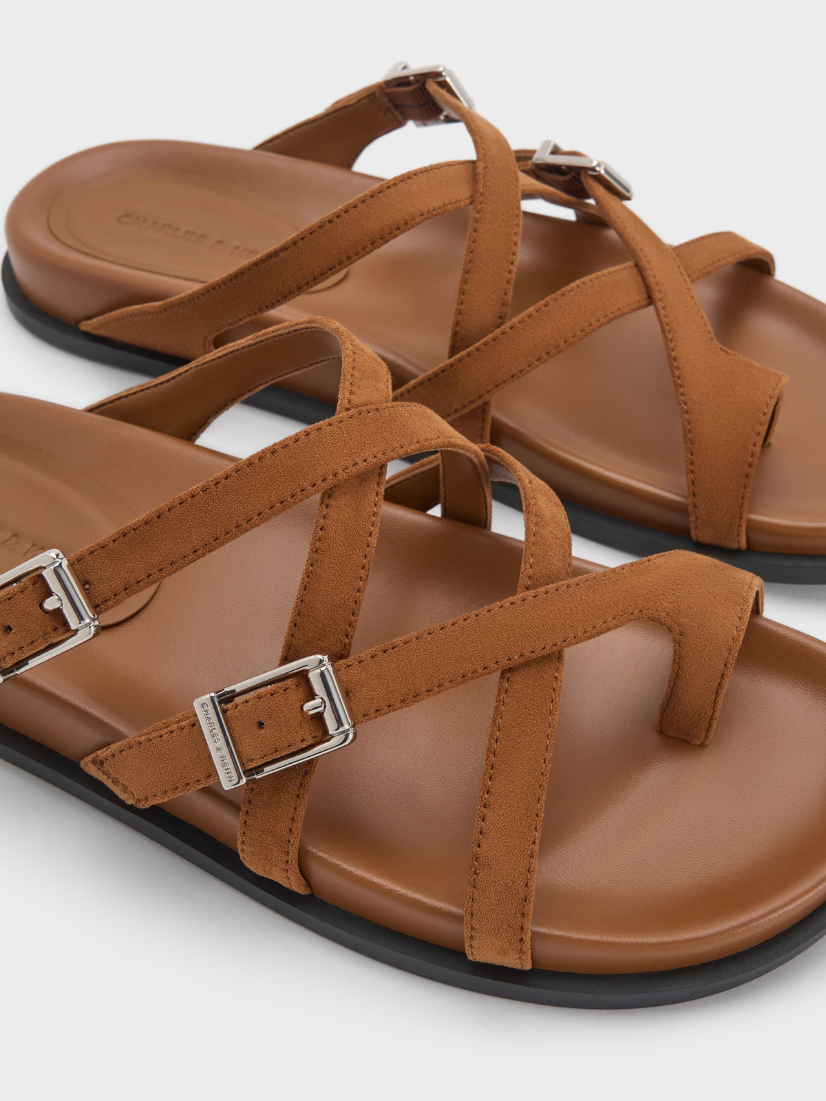 CHARLES & KEITH New / Faux Suede Crossover Toe-Ring Sandals - Cognac