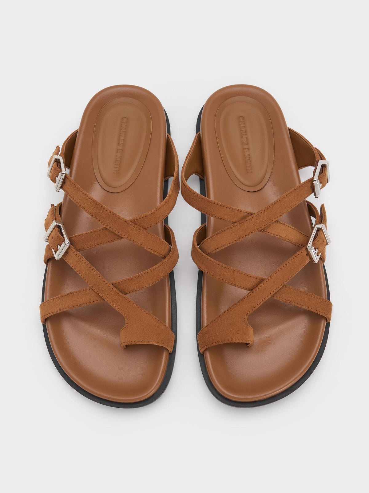 CHARLES & KEITH New / Faux Suede Crossover Toe-Ring Sandals - Cognac