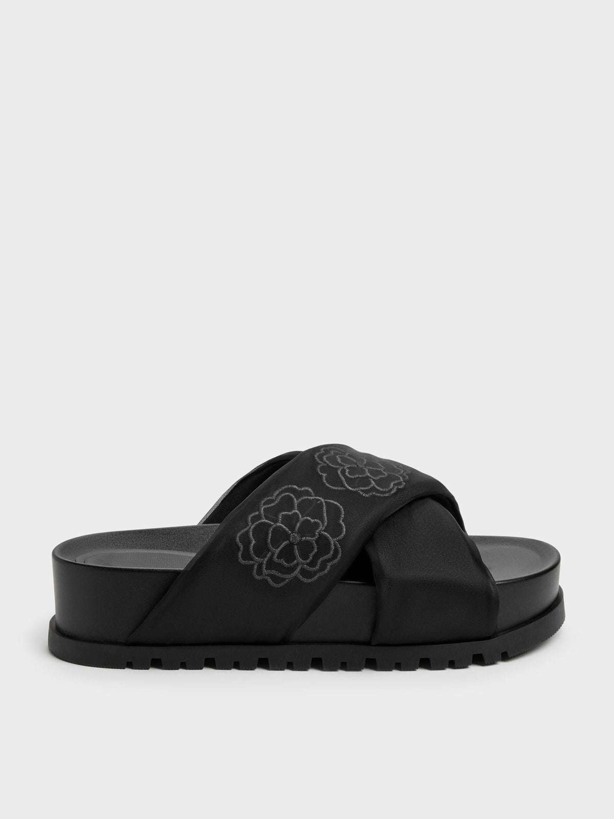CHARLES & KEITH Discount / Satin Embroidered-Flower Crossover Sandals - Black Textured