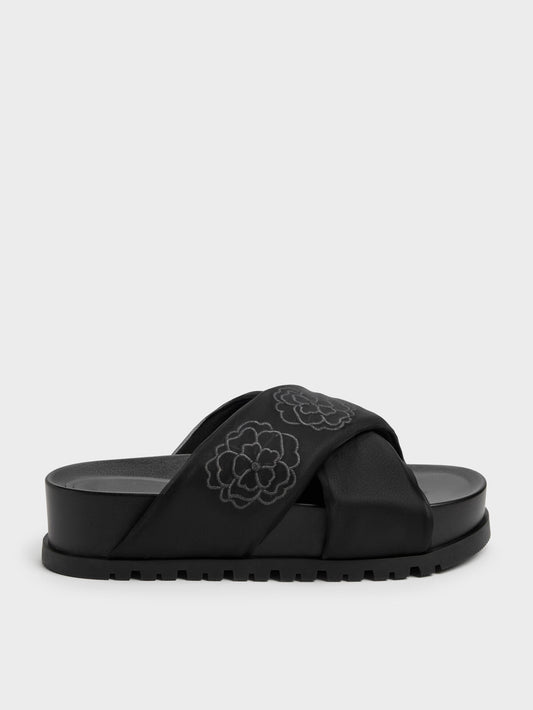 CHARLES & KEITH Discount / Satin Embroidered-Flower Crossover Sandals - Black Textured