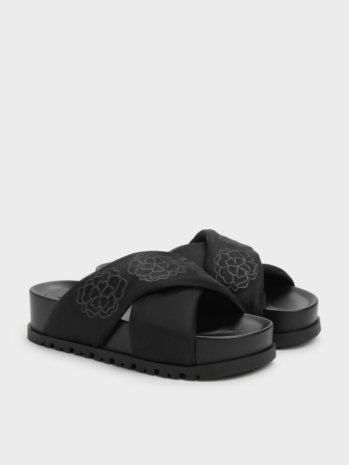 CHARLES & KEITH Discount / Satin Embroidered-Flower Crossover Sandals - Black Textured