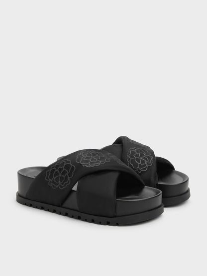 CHARLES & KEITH Discount / Satin Embroidered-Flower Crossover Sandals - Black Textured
