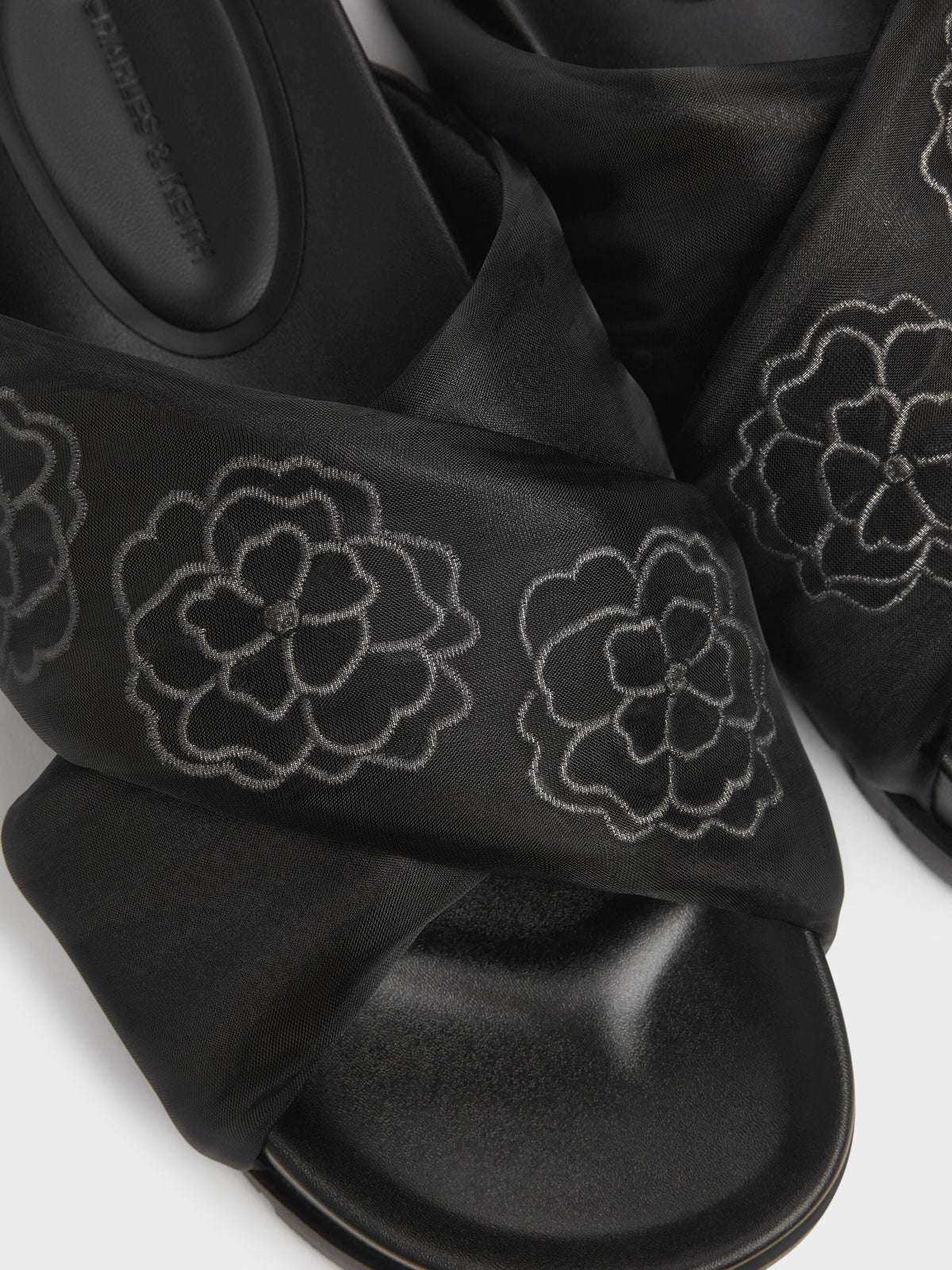 CHARLES & KEITH Discount / Satin Embroidered-Flower Crossover Sandals - Black Textured