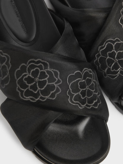 CHARLES & KEITH Discount / Satin Embroidered-Flower Crossover Sandals - Black Textured