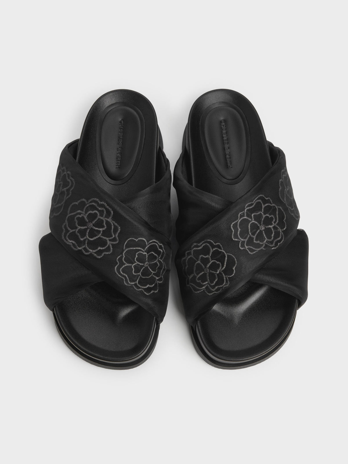 CHARLES & KEITH Discount / Satin Embroidered-Flower Crossover Sandals - Black Textured