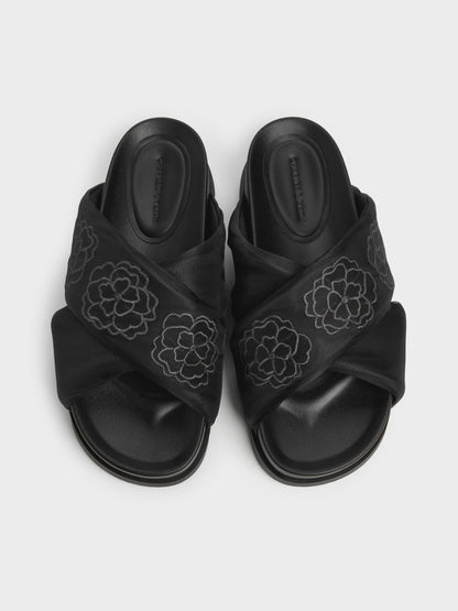 CHARLES & KEITH Discount / Satin Embroidered-Flower Crossover Sandals - Black Textured
