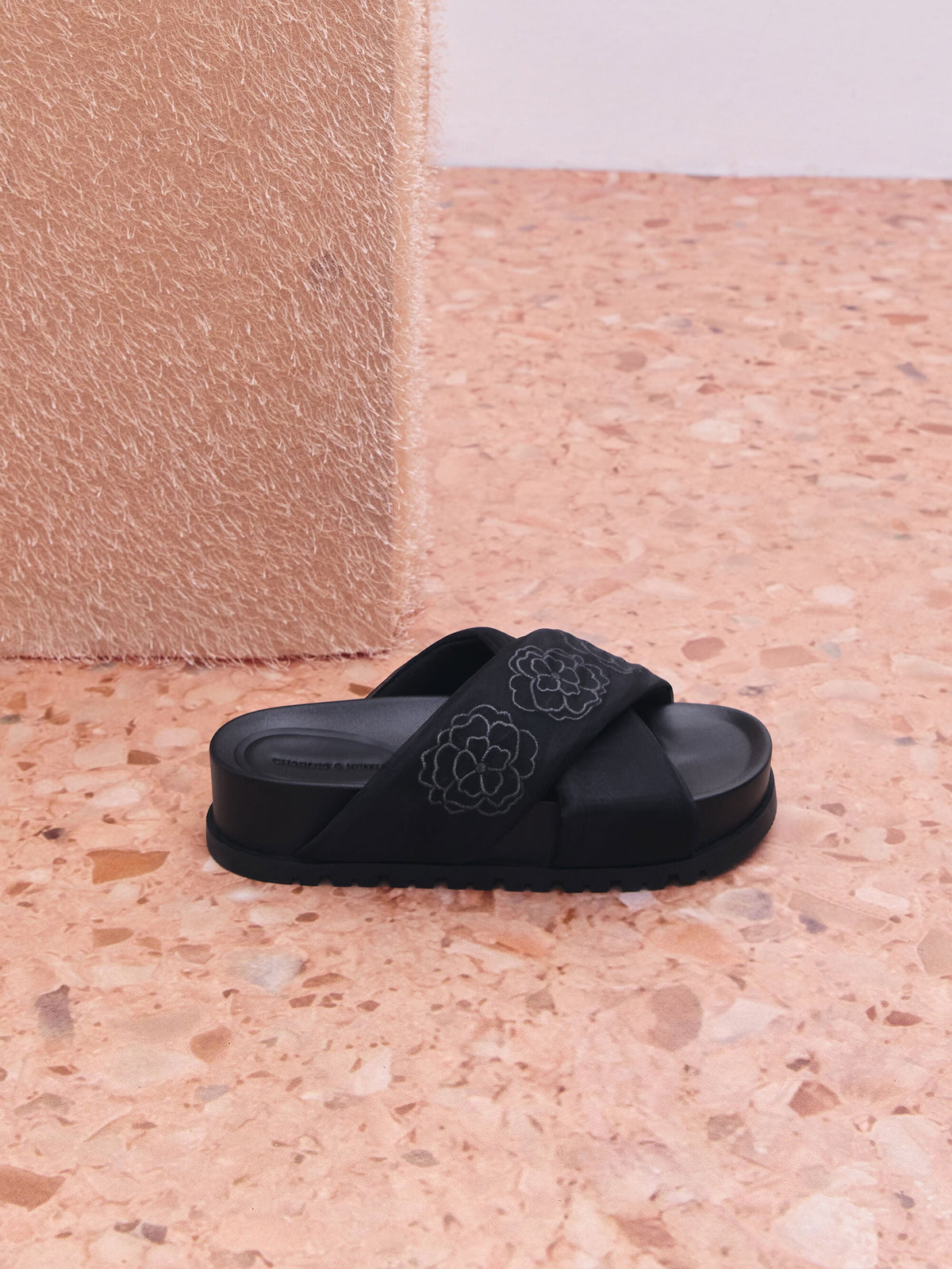 CHARLES & KEITH Discount / Satin Embroidered-Flower Crossover Sandals - Black Textured