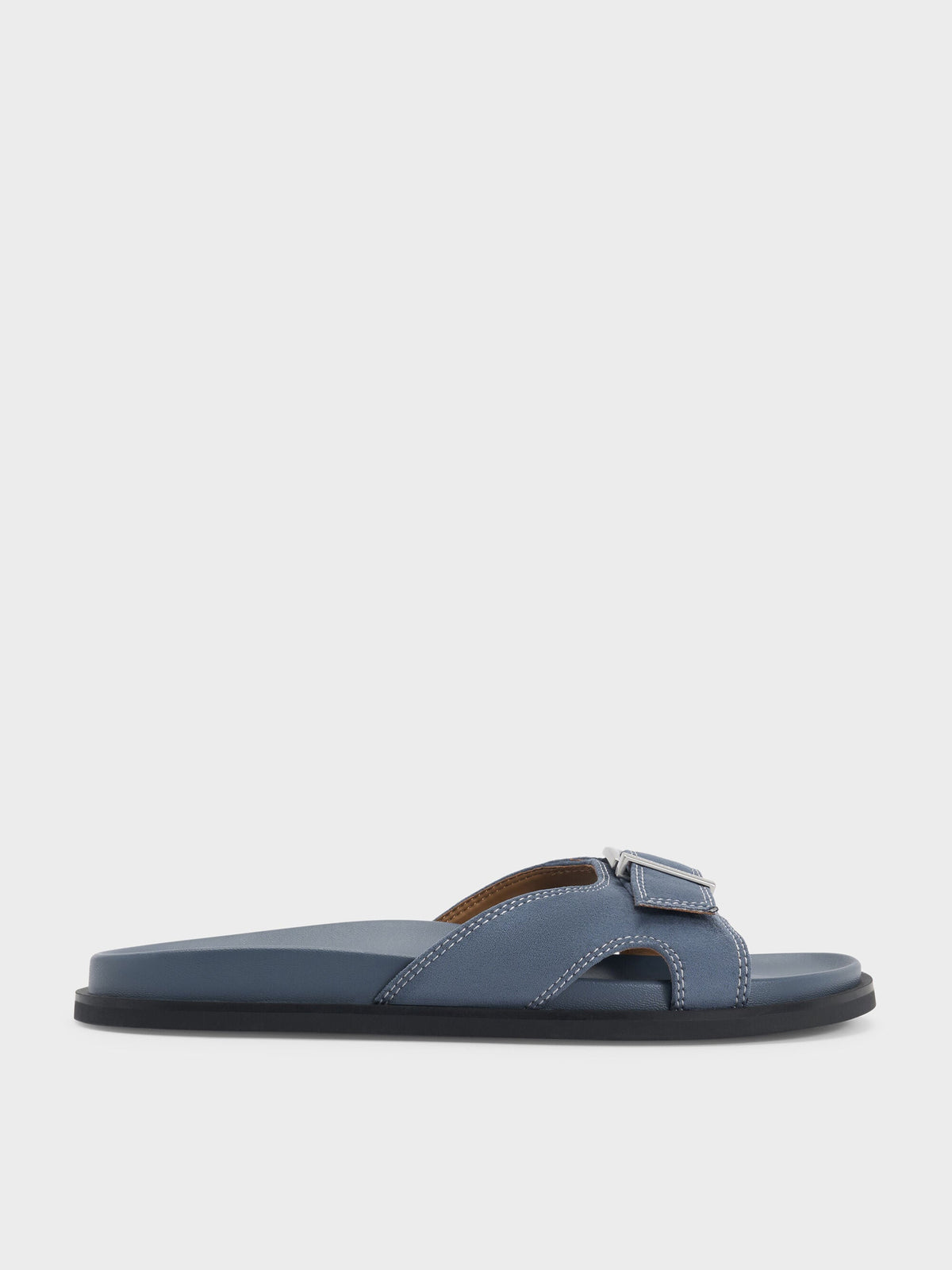 CHARLES & KEITH Great Value / Faux Suede Stitch-Trim Buckled Slides - Blue