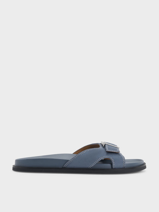 CHARLES & KEITH Great Value / Faux Suede Stitch-Trim Buckled Slides - Blue