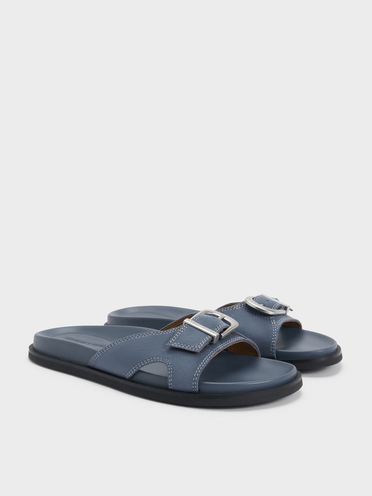 CHARLES & KEITH Great Value / Faux Suede Stitch-Trim Buckled Slides - Blue