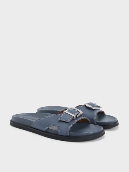 CHARLES & KEITH Great Value / Faux Suede Stitch-Trim Buckled Slides - Blue