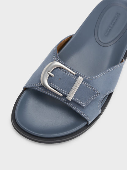 CHARLES & KEITH Great Value / Faux Suede Stitch-Trim Buckled Slides - Blue