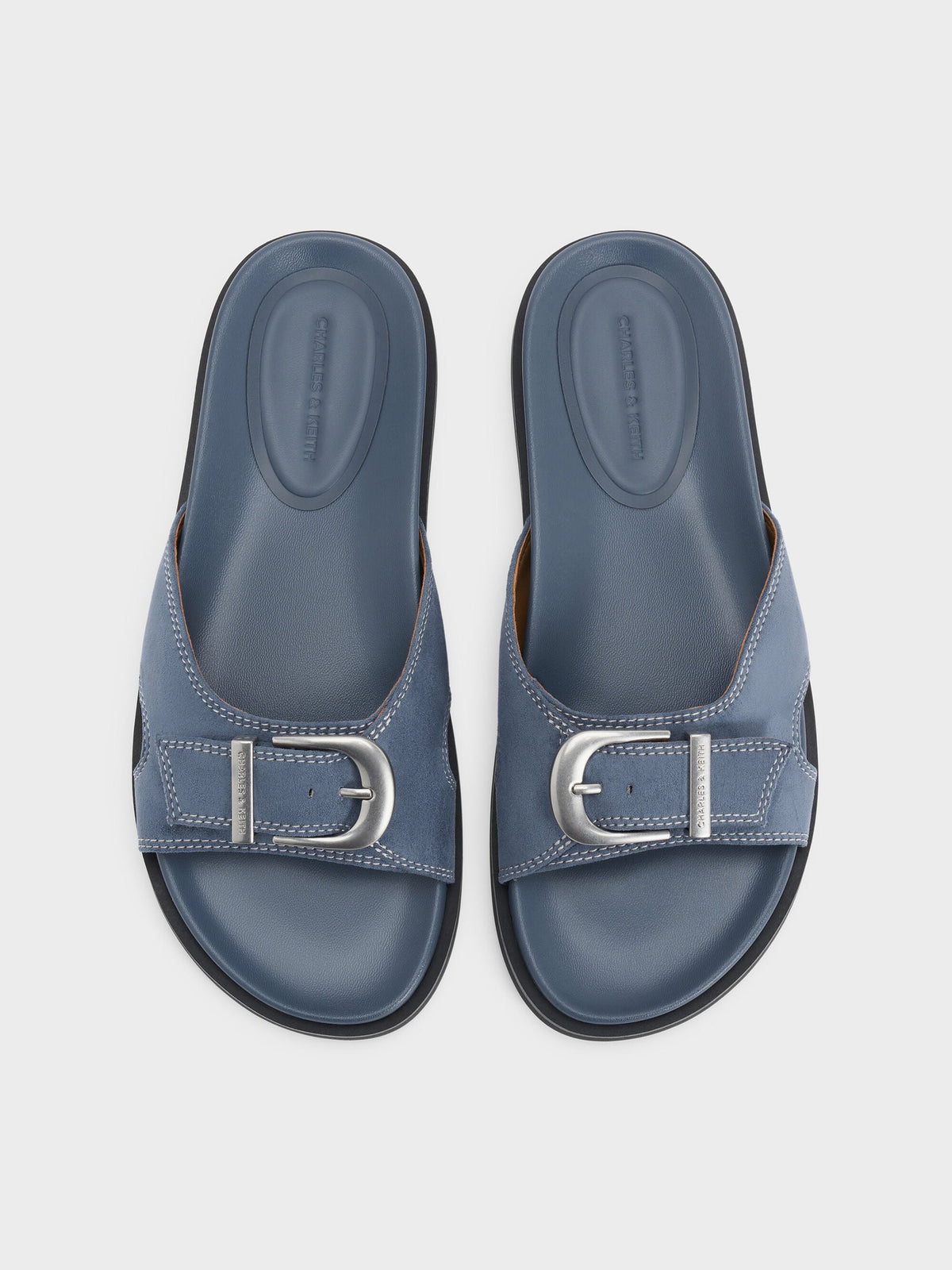 CHARLES & KEITH Great Value / Faux Suede Stitch-Trim Buckled Slides - Blue
