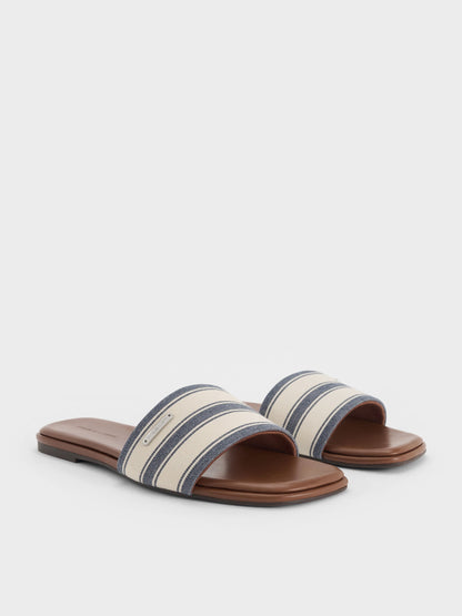 CHARLES & KEITH Smart Buy / Striped Square-Toe Slide Sandals - Dark Blue